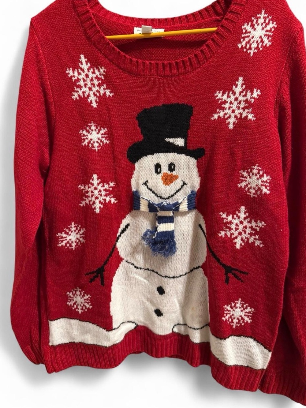 Studio Works Red Snowman Sweater with White Snowflakes and Black Hat